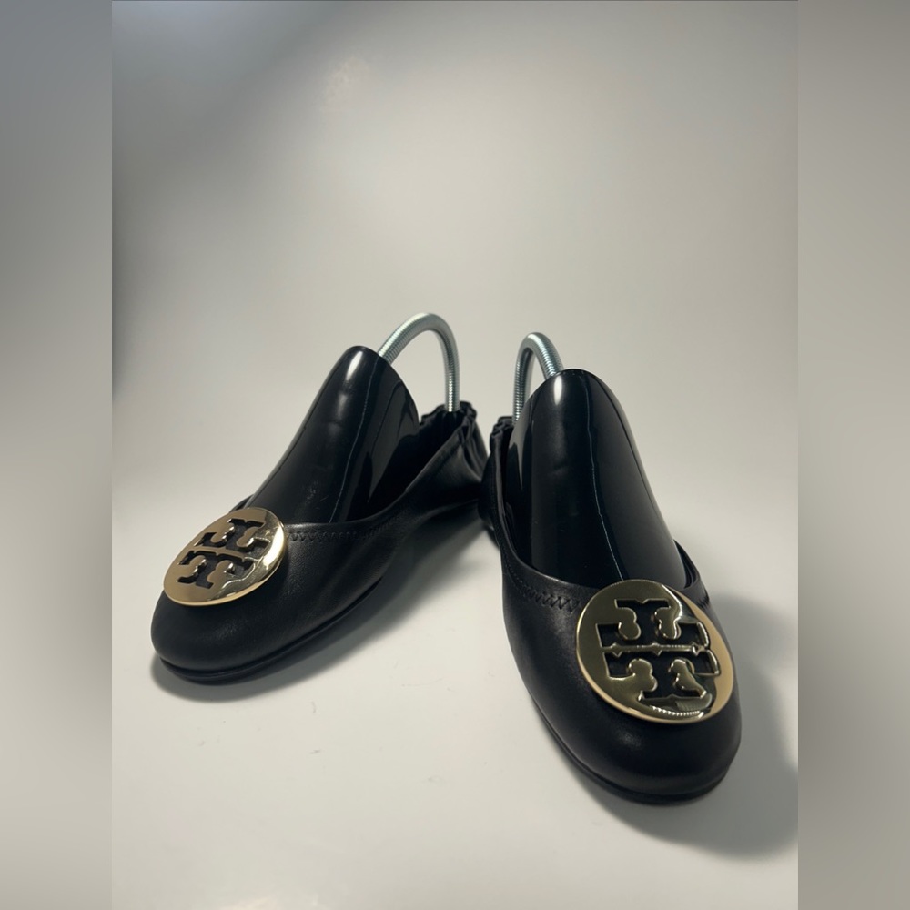 Size 7M - Women's Tory Burch Minnie Travel Black/Gold Ballet Flats 50393-013